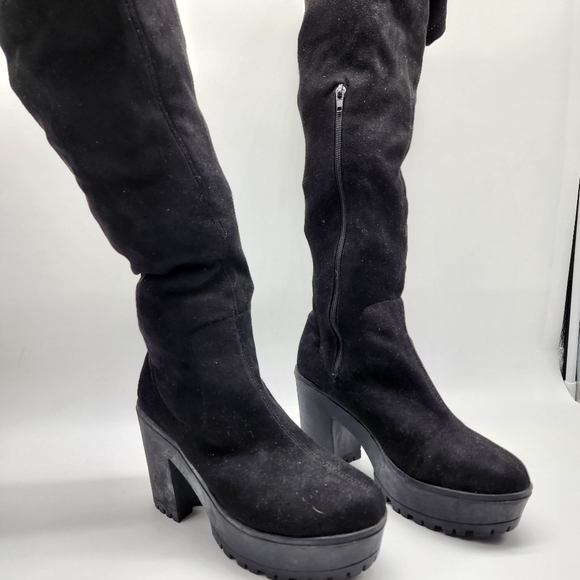 Aus 10 Black Thigh High Platform Faux Suede Boots - Picture 10 of 16